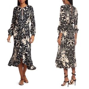 Johanna Ortiz Dress Floral Ruffle Long-Sleeve Jacquard  Midi Ecru Black 0 FLAW